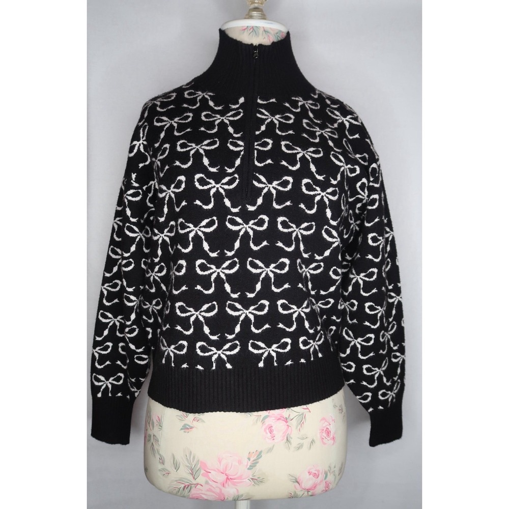 Maeve Anthropologie Montana Bow Print Half Zip Sweater Black White Women XXS EUC